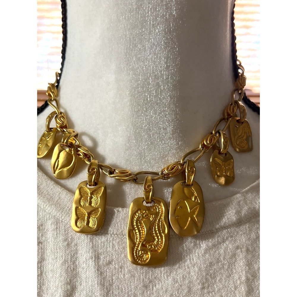 Vintage Liz Clairborne (LCI) Satin Gold Tone Necklace Nature Fossils Charms Neck